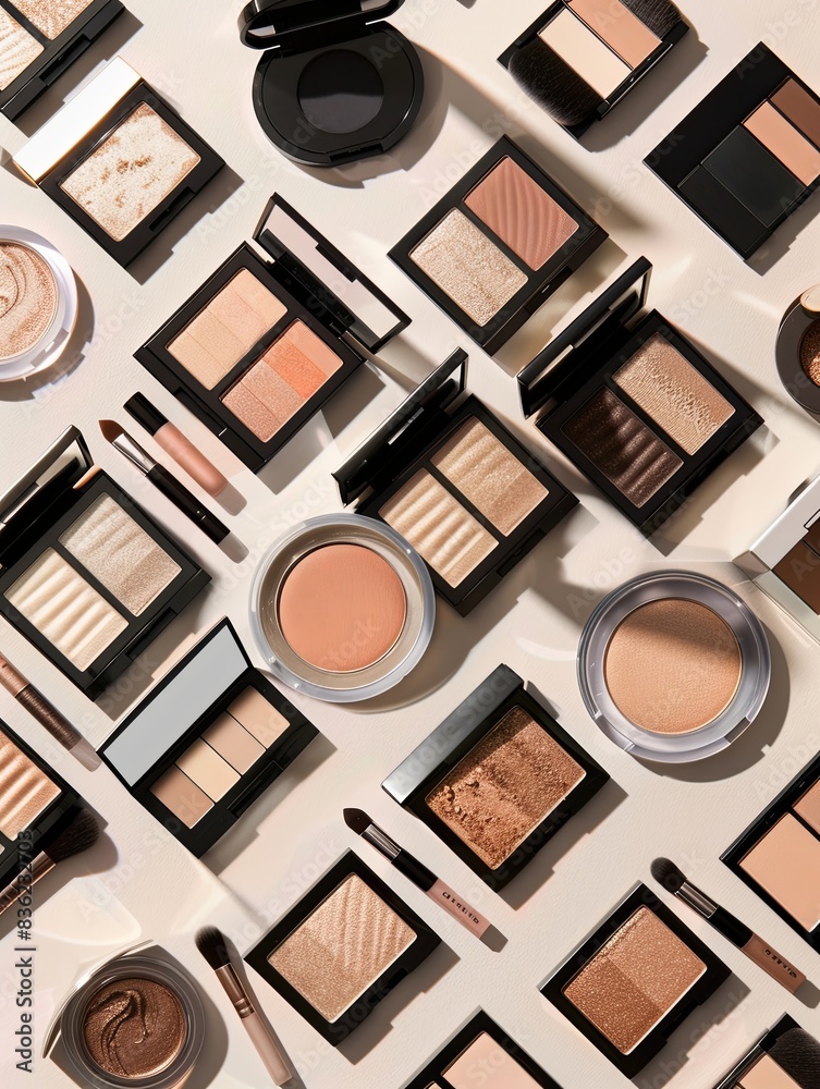 Aufkleber Various makeup palettes and highlighters arranged in an elegant and organized display on a light background. Generative AI