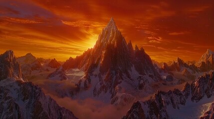 Fototapeta premium A breathtaking sunrise over the sharp peak of Mount Whitney with vibrant red and orange skies.
