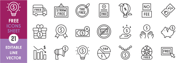 A set of line icons related to free of cost. Cost, free, no fee, gift, bonus, delivery, tax, saving and so on. Vector outline icons set.