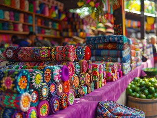 Colorful Mayan textiles lined up for sale at a vibrant market in Antigua, Guatemala, showcasing traditional patterns.
