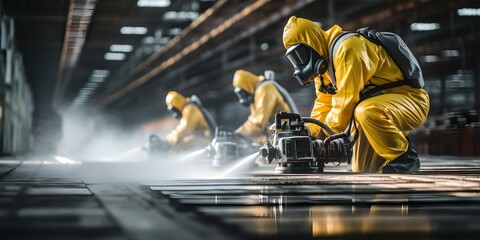 Safety team cleaning toxic gas leak in factory workshop for contamination protection. Concept Safety Protocols, Toxic Gas Leak, Contamination Protection, Factory Workshop, Cleaning Team