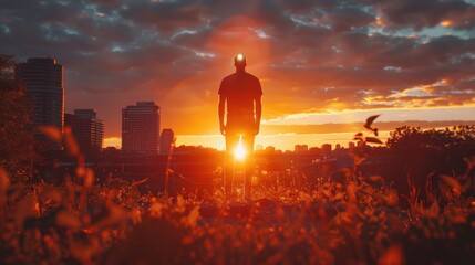 Fototapeta premium Silhouette of a businessman standing in a cityscape at sunset, with warm hues in the sky and buildings in the background.