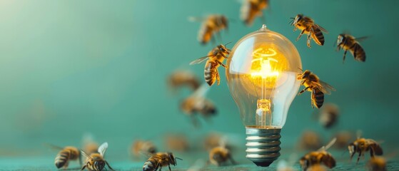 Bees and a glowing lightbulb on a vibrant background symbolize creativity and teamwork, capturing nature's brilliance and innovation.