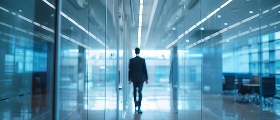 Fototapeta premium Businessman walking through modern glass office corridor, symbolizing success, corporate environment, and forward movement in business.