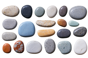An array of smooth river stones with various colors and patterns, presented on a white background for png usage
