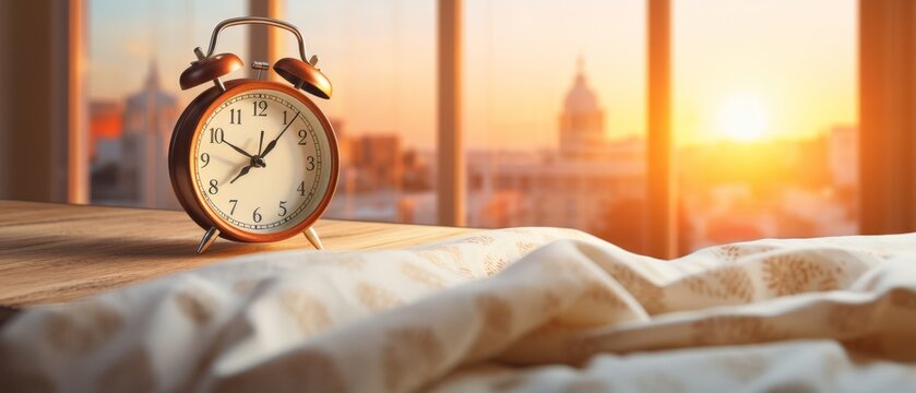 Vintage alarm clock by a cozy bed in warm morning sunlight. Peaceful wake-up scene with cityscape view through the window.