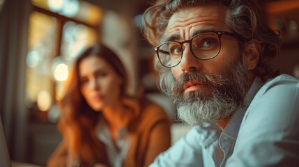 A mature businessman in glasses intently looks at a laptop with a woman in the background.