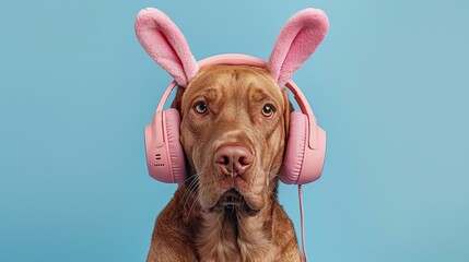 Adorable dog with pink bunny ears and headphones on a blue background. Fun and cute pet concept.