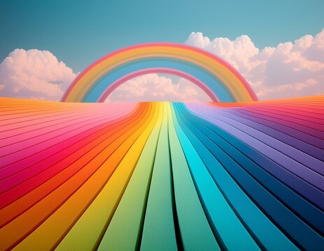 Vibrant Rainbow Over Colorful Parallel Lines Landscape