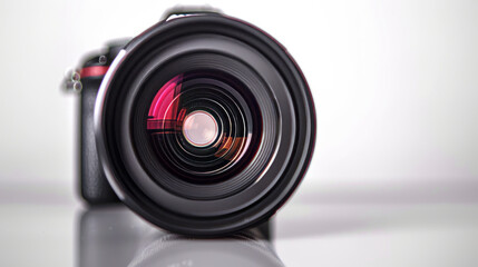 Camera lens close up on white background. Professional camera lens with visible diaphragm and red reflection, isolated on white background with copy space.