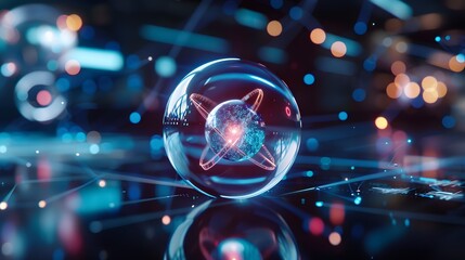 Atom model in a holographic display, selective focus, innovative science, futuristic, blend mode, hightech conference backdrop