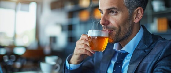 Businessman enjoying a coffee break, sipping a hot drink in a modern cafe. Relaxation and work-life balance concept.