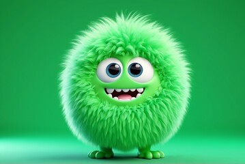 Fototapeta premium Cute fluffy green monster isolated on clear green background. Funny and furry little yeti. Happy monster character. Dental clinic for children concept. 
