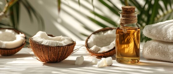 Relaxing spa setting with coconut oil, fresh coconut, and towels on a white surface. Ideal for wellness and beauty themes.