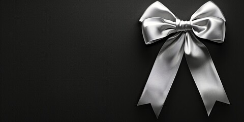 Detailed white ribbon bow and silver gift banner on sleek black background.