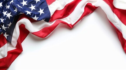 American flag with white background. A section of the American flag draped gracefully against a stark white background, symbolizing patriotism and national pride.