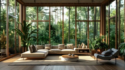 Fototapeta premium Modern Living Room with Floor-to-Ceiling Windows