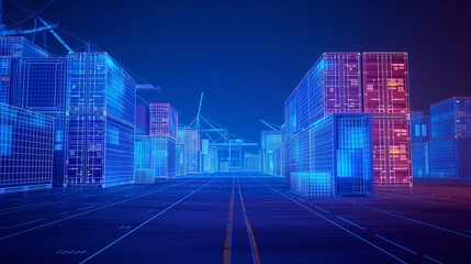 digital wireframe blueprint, cargo container stacks in shipping port, blue background