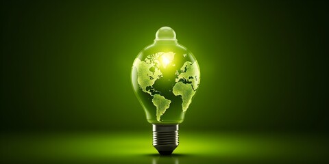 Visualizing Sustainable Energy Solutions and Renewables with a Green World Map in a Light Bulb. Concept Sustainable Energy, Renewables, Green World Map, Light Bulb, Visualization