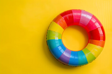 Top view of rainbow color floaty pool ring on yellow background.