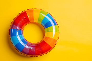 Fototapeta premium Top view of rainbow color floaty pool ring on yellow background.