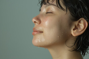 A close up of a woman after having a shower with her eyes closed looking to a side