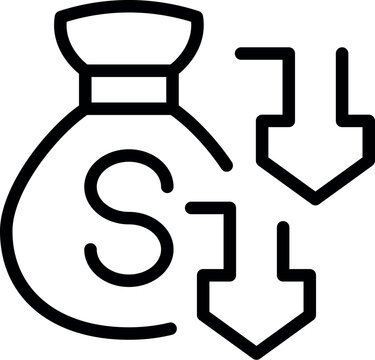 Cost reduction concept icon with downward arrows, money bag, and minimalist design for financial management and budget savings in business investment and economic planning