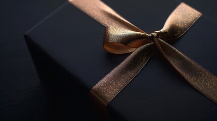 Elegant Black Gift Box with Luxurious Golden Ribbon Bow on Dark Background - Perfect for Special Occasions and Celebrations