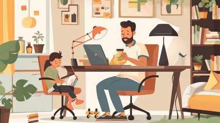 Fatherhood and remote business. Happy young single dad working at home while kids plays next to him