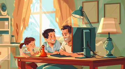 Fatherhood and remote business. Happy young single dad working at home while kids plays next to him