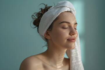 Fototapeta premium A close up of a woman after having a shower with her eyes closed looking to a side