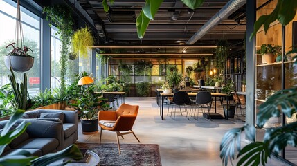 Naklejka premium Startup team brainstorming in a modern office filled with plants and eco-friendly decor green business innovation
