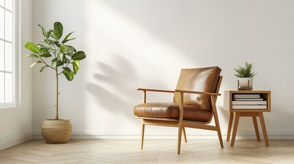 Minimalist living room with a clean and cozy aesthetic, featuring a brown leather armchair