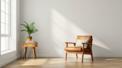 Minimalist living room with a clean and cozy aesthetic, featuring a brown leather armchair