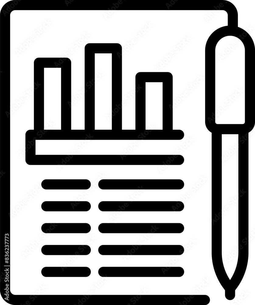 Poster black line icon of a bar chart on a document with a pen, symbolizing data analysis or report writing