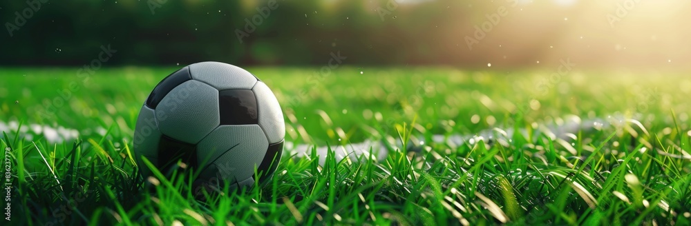 Sticker Soccer ball on green grass background