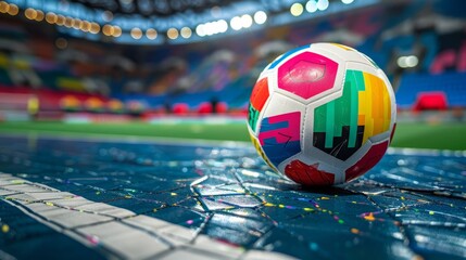 A soccer ball is sitting on a net in a stadium