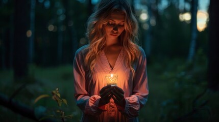 Fototapeta premium beautiful blonde woman in pajamas with a candle in the middle of the forest