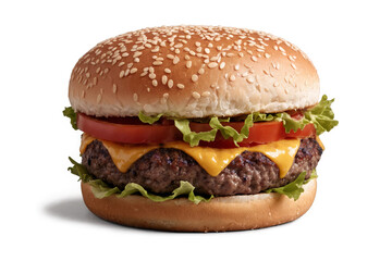 A scrumptious cheeseburger with succulent beef patty and fresh toppings isolated on a transparent, white background, png, for food imagery