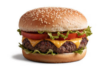 A scrumptious cheeseburger with succulent beef patty and fresh toppings isolated on a transparent, white background, png, for food imagery