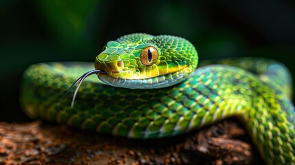 Fototapeta premium A green snake is curled up on a branch