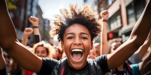Victorious young athletes celebrating at the finish line of a city marathon in the daytime. Concept Sports, City Marathon, Victory, Celebrating, Daytime