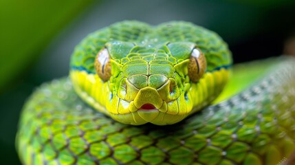 Fototapeta premium A green snake with a yellow head is shown in the image