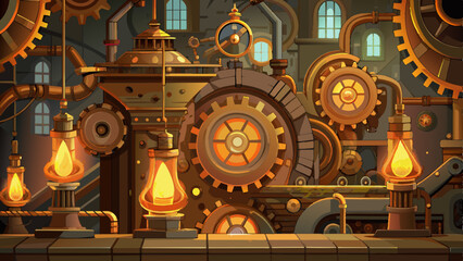 Steampunk-Inspired Machinery Backgrounds with Bronze Gears and Glowing Amber Lights, vector graphics