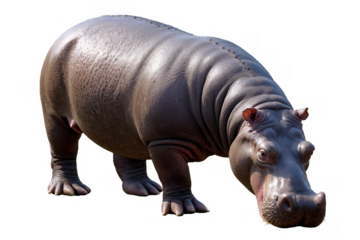 A lifelike digital illustration of a hippopotamus presented on a transparent, white background, suitable for educational material with png format