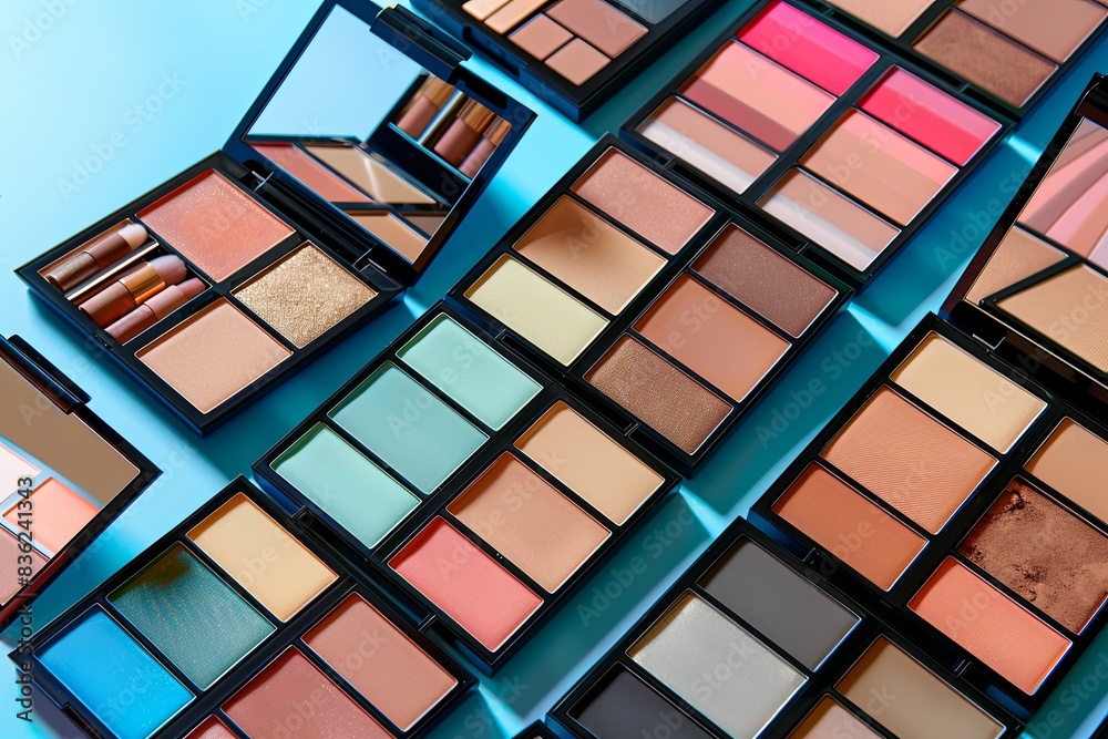 Poster Close-up image of various contouring palettes and highlighters neatly arranged on a light blue background. Generative AI