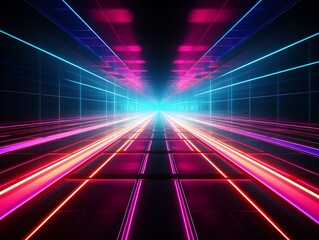 Bright neonlit stage, colorful vertical light streaks, reflective floor, futuristic and energetic vibe, high resolution