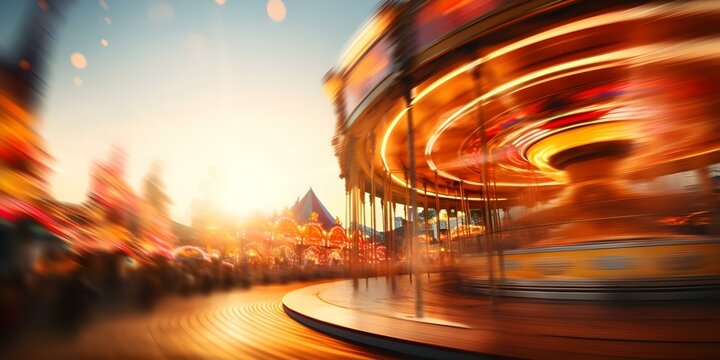 Blurred vintage ferris wheel in illuminated amusement park abstract motion effect. Concept Abstract Photography, Vintage Ferris Wheel, Illuminated Amusement Park, Motion Blur Effect