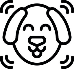 Black and white vector illustration of a cheerful dog's face with sound waves indicating barking