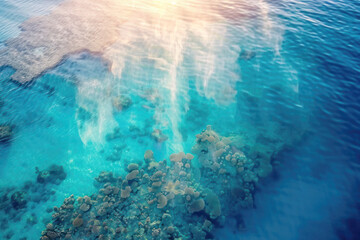 Fototapeta premium Aerial View of Great Barrier Reef with Vibrant Coral and Clear Blue Waters, Sunlight Piercing Through Water Revealing Rich Marine Life